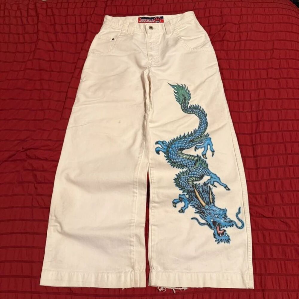 Vintage 90s JNCO jeans Cloud Dragons White Denim Jeans Blue Graphic